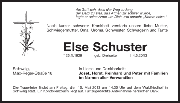 Traueranzeige von Else Schuster von Pegnitz-Zeitung
